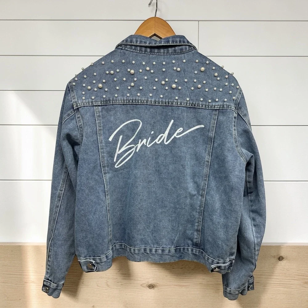 Bride Women's Denim Blue Jean Jacket With Pearls Wedding Bachelorette Sz XLarge - Picture 1 of 9